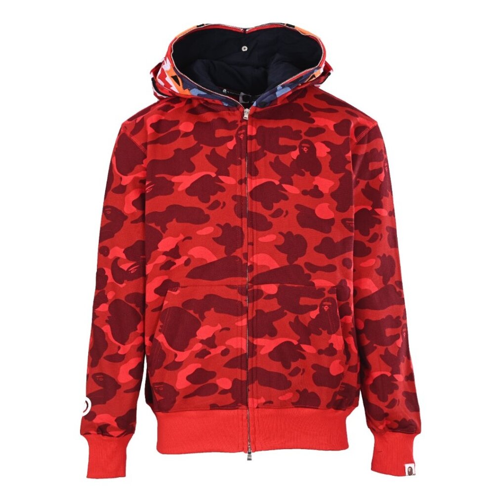 A BATHING APE Bape Color Camo Shark Double Hood Full Zip Hoodie Red Men's